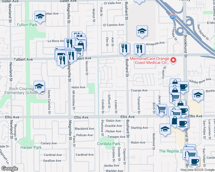 map of restaurants, bars, coffee shops, grocery stores, and more near 9331 Toucan Avenue in Fountain Valley