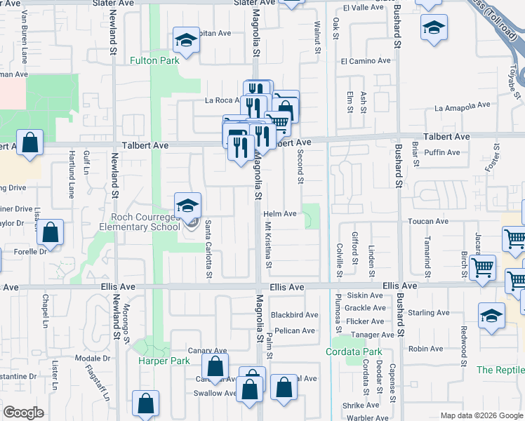 map of restaurants, bars, coffee shops, grocery stores, and more near 18264 Santa Belinda Circle in Fountain Valley
