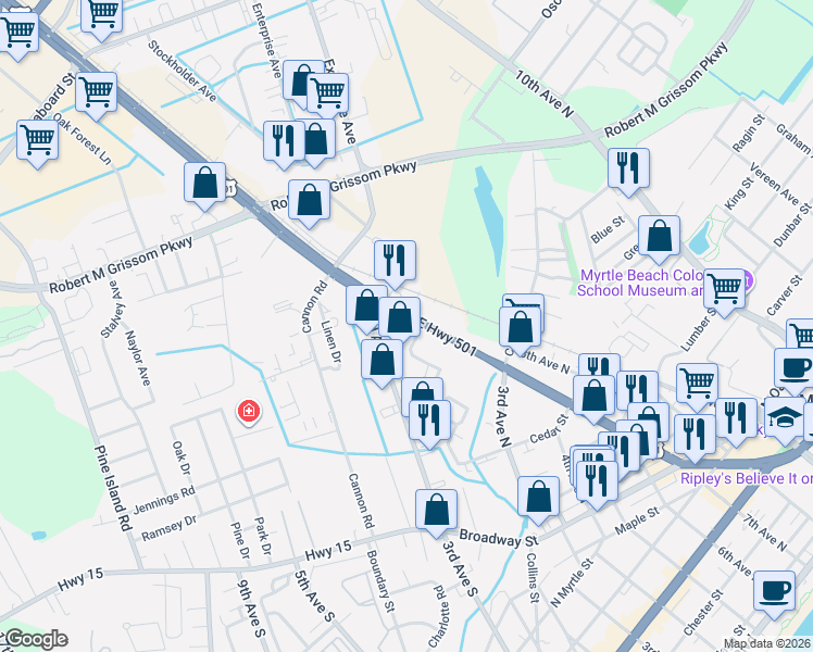 map of restaurants, bars, coffee shops, grocery stores, and more near 1329 U.S. 501 in Myrtle Beach