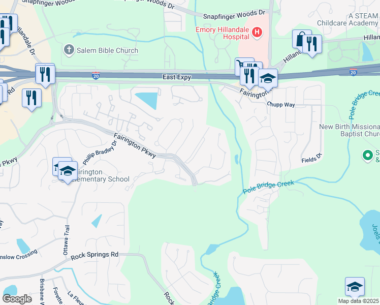 map of restaurants, bars, coffee shops, grocery stores, and more near 10302 Fairington Ridge Circle in Stonecrest