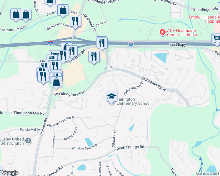 map of restaurants, bars, coffee shops, grocery stores, and more near 3049 Highland Park Lane in Stonecrest
