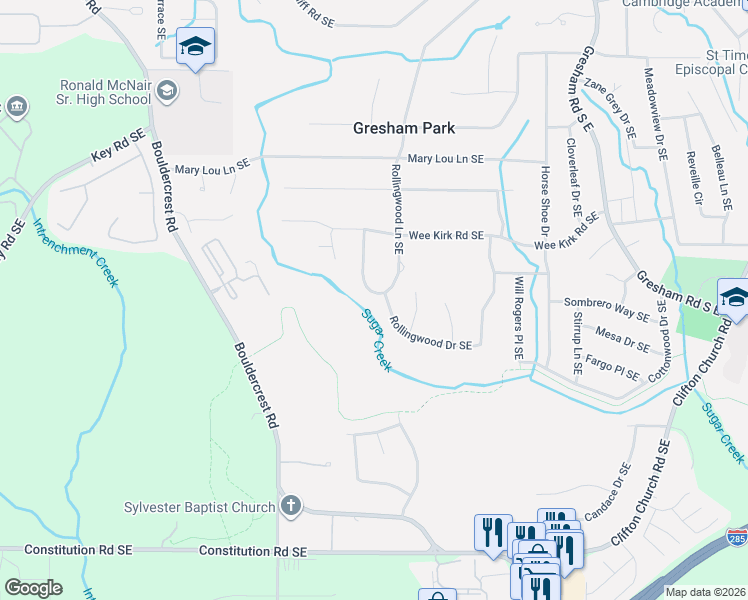 map of restaurants, bars, coffee shops, grocery stores, and more near 3060 Rollingwood Lane Southeast in Atlanta