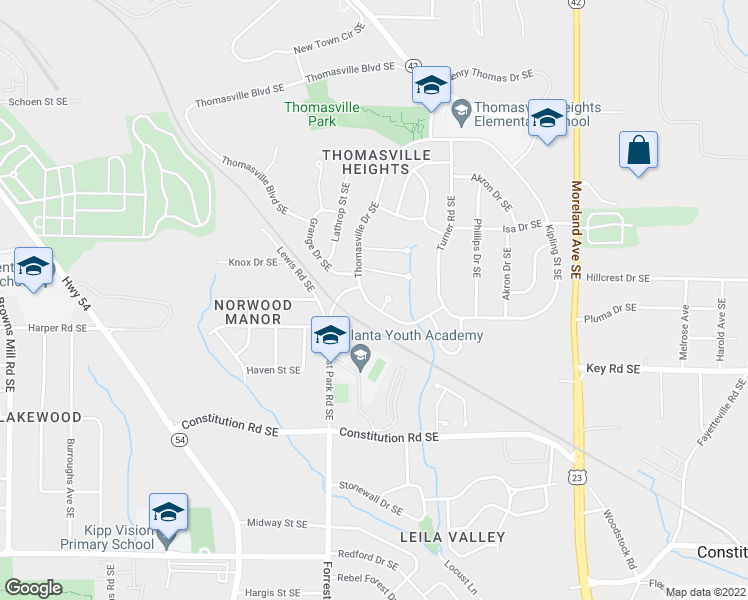 map of restaurants, bars, coffee shops, grocery stores, and more near 1985 Thomasville Drive Southeast in Atlanta