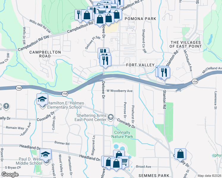 map of restaurants, bars, coffee shops, grocery stores, and more near 2107 Mulberry Street in East Point