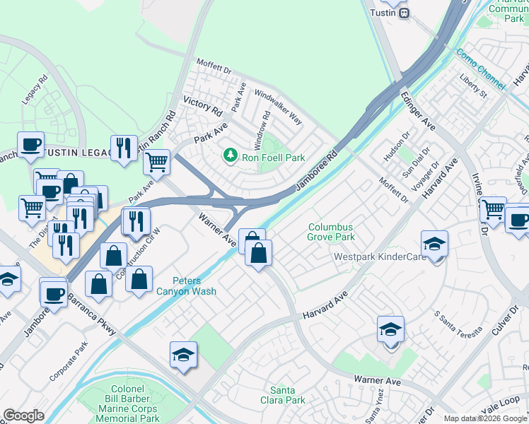 map of restaurants, bars, coffee shops, grocery stores, and more near 3165 Warner Avenue in Irvine