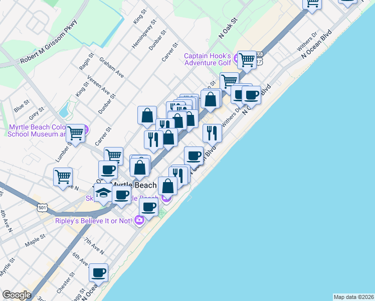 map of restaurants, bars, coffee shops, grocery stores, and more near 1500 Chester Street in Myrtle Beach