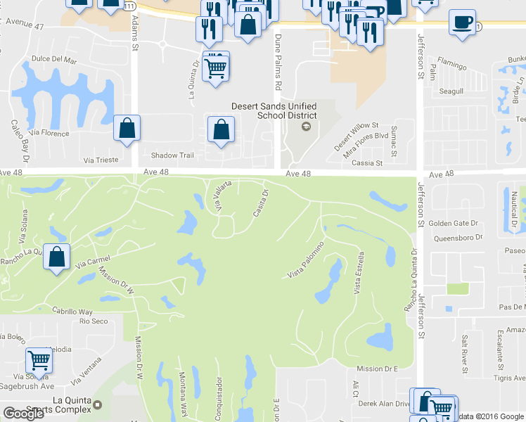 map of restaurants, bars, coffee shops, grocery stores, and more near 48310 Casita Drive in La Quinta
