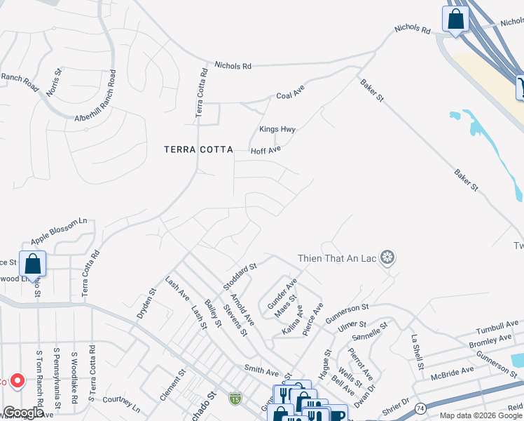 map of restaurants, bars, coffee shops, grocery stores, and more near 4764 Sicily Drive in Lake Elsinore
