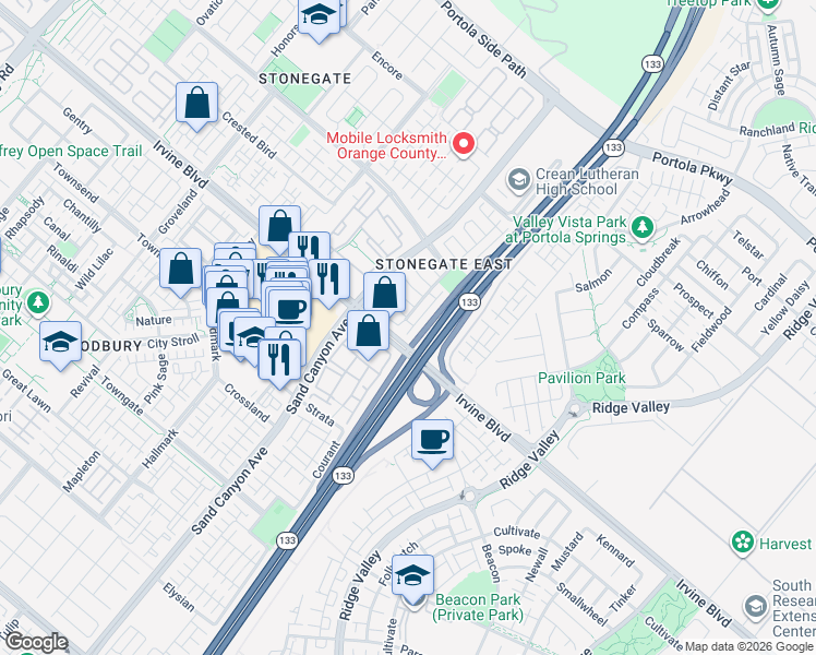 map of restaurants, bars, coffee shops, grocery stores, and more near 24 Coralwood in Irvine