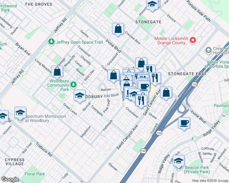 map of restaurants, bars, coffee shops, grocery stores, and more near 67 City Stroll in Irvine