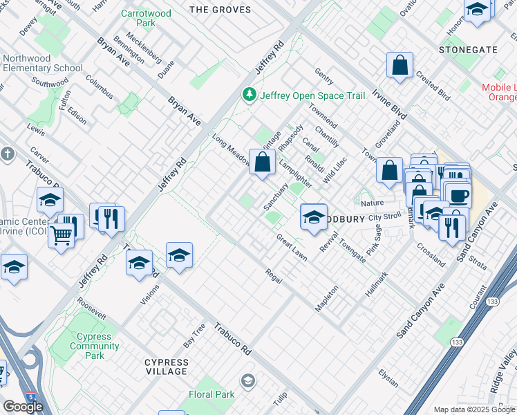 map of restaurants, bars, coffee shops, grocery stores, and more near 102 Spanish Lace in Irvine
