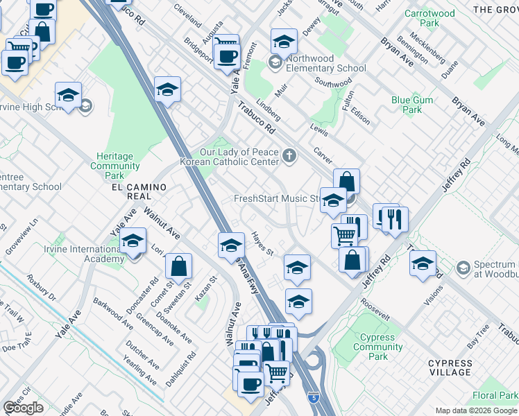 map of restaurants, bars, coffee shops, grocery stores, and more near 309 Huntington in Irvine