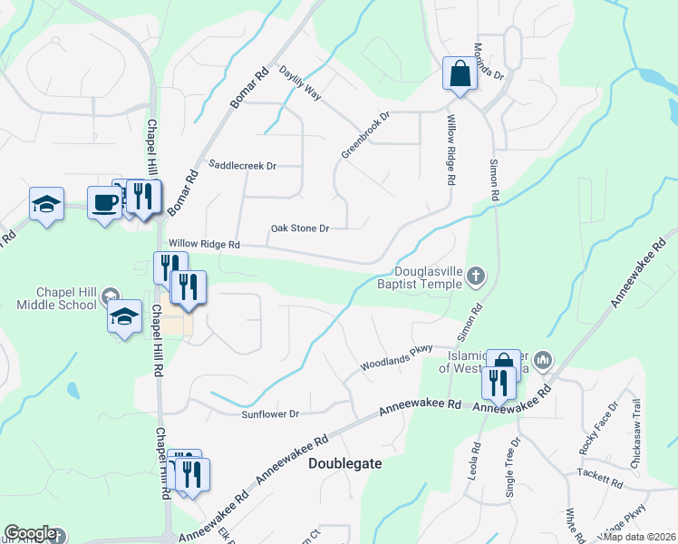 map of restaurants, bars, coffee shops, grocery stores, and more near 4045 Willow Ridge Rd in Douglasville