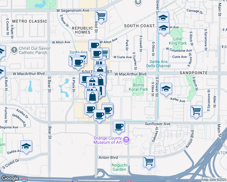 map of restaurants, bars, coffee shops, grocery stores, and more near 1030 West MacArthur Boulevard in Santa Ana