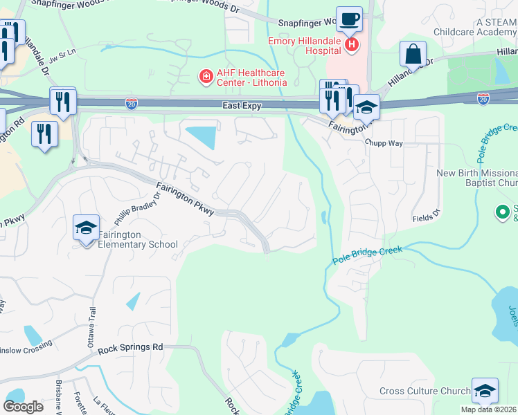 map of restaurants, bars, coffee shops, grocery stores, and more near 2302 Fairington Ridge Circle in Stonecrest