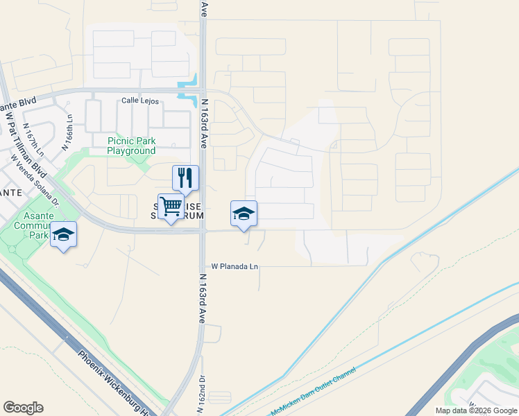 map of restaurants, bars, coffee shops, grocery stores, and more near 16076 West Electra Lane in Surprise
