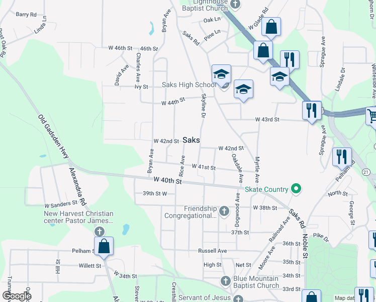 map of restaurants, bars, coffee shops, grocery stores, and more near 4127 Rice Avenue in Anniston