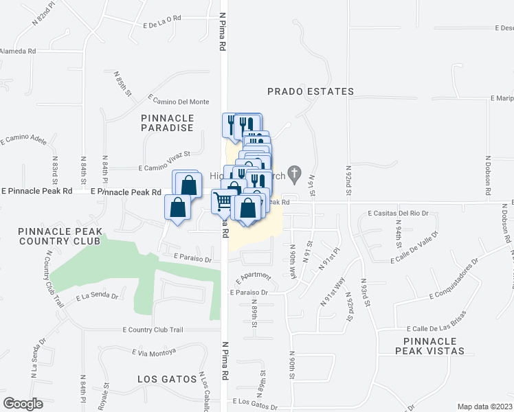 map of restaurants, bars, coffee shops, grocery stores, and more near 23359 North Pima Road in Scottsdale
