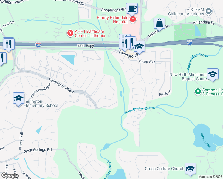 map of restaurants, bars, coffee shops, grocery stores, and more near 2635 Parrish Court in Stonecrest