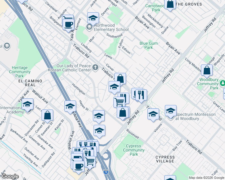 map of restaurants, bars, coffee shops, grocery stores, and more near 5300 Trabuco Road in Irvine
