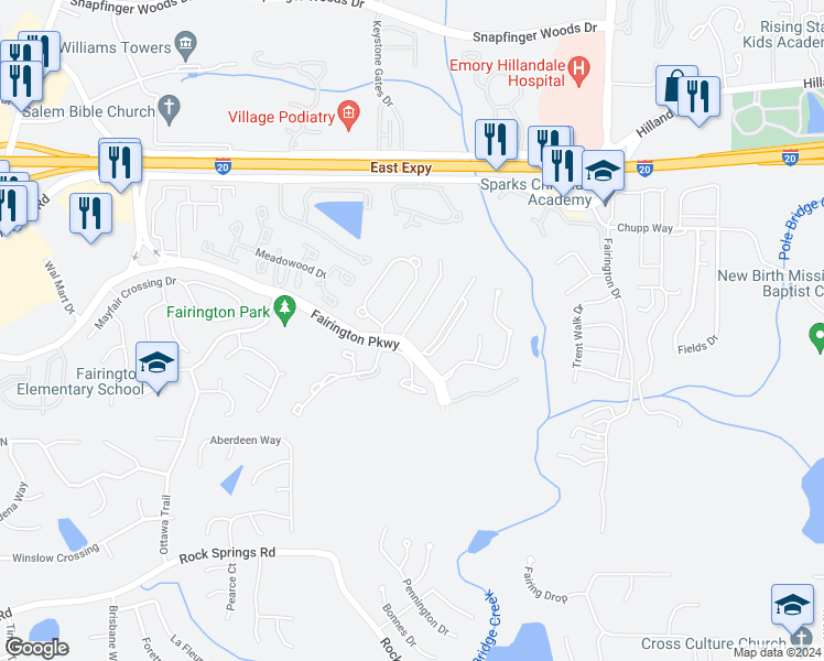 map of restaurants, bars, coffee shops, grocery stores, and more near 1102 Fairington Village Drive in Lithonia