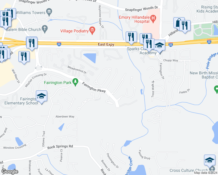 map of restaurants, bars, coffee shops, grocery stores, and more near 1202 Fairington Village Drive in Lithonia