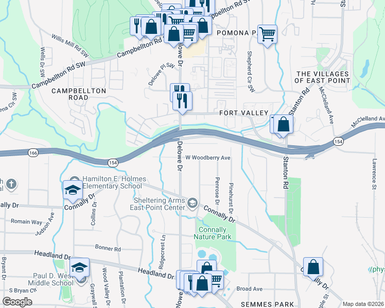 map of restaurants, bars, coffee shops, grocery stores, and more near 2107 Mulberry Street in East Point