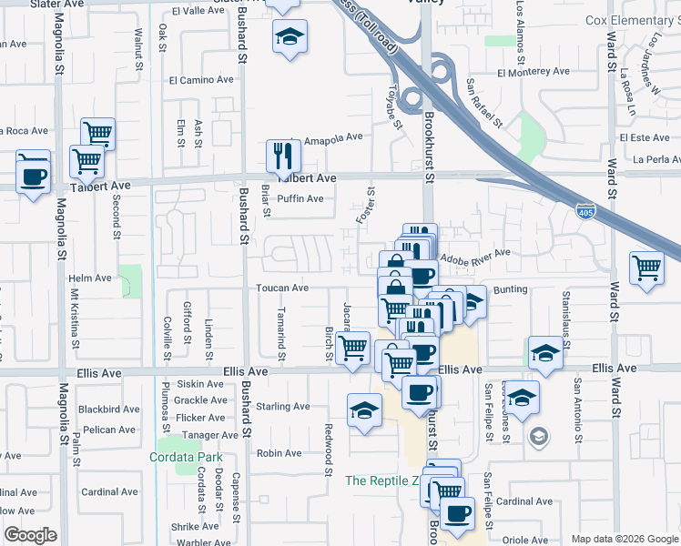 map of restaurants, bars, coffee shops, grocery stores, and more near 18269 Sanmian Court in Fountain Valley