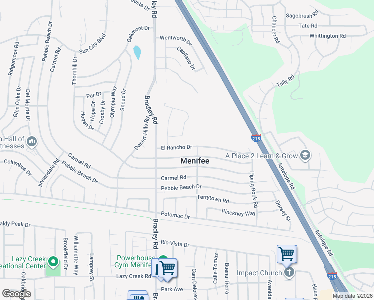 map of restaurants, bars, coffee shops, grocery stores, and more near 27147 El Rancho Drive in Menifee