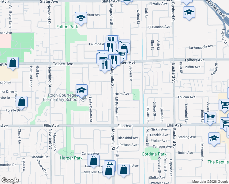 map of restaurants, bars, coffee shops, grocery stores, and more near 18241 Devonwood Circle in Fountain Valley
