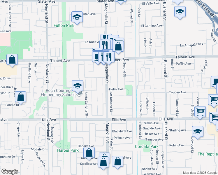 map of restaurants, bars, coffee shops, grocery stores, and more near 18241 Devonwood Circle in Fountain Valley