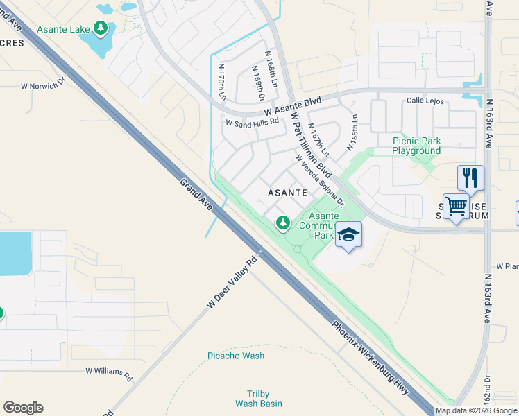 map of restaurants, bars, coffee shops, grocery stores, and more near 16857 West Electra Court in Surprise