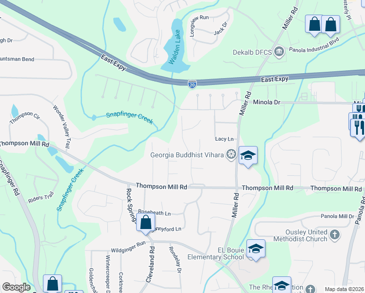 map of restaurants, bars, coffee shops, grocery stores, and more near 2974 Invermere Woods Court in Stonecrest