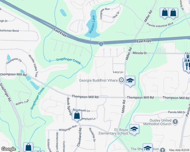 map of restaurants, bars, coffee shops, grocery stores, and more near 2974 Invermere Woods Court in Stonecrest