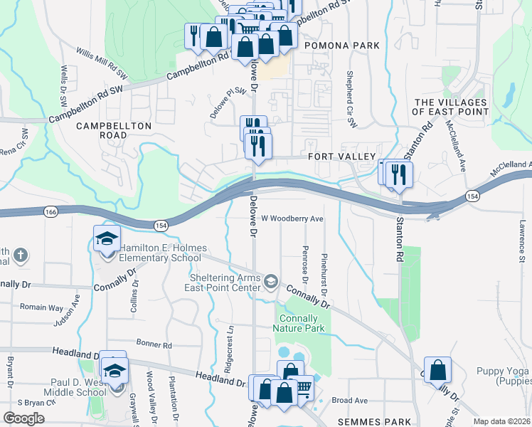 map of restaurants, bars, coffee shops, grocery stores, and more near 2107 Mulberry Street in East Point