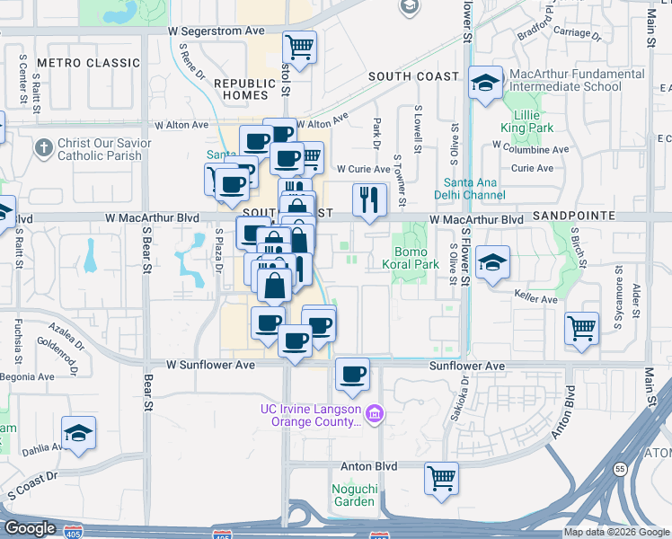 map of restaurants, bars, coffee shops, grocery stores, and more near 1030 West MacArthur Boulevard in Santa Ana