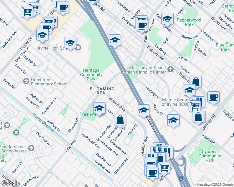 map of restaurants, bars, coffee shops, grocery stores, and more near 49 Heritage in Irvine