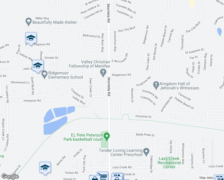map of restaurants, bars, coffee shops, grocery stores, and more near 26021 Crestmont Circle in Menifee