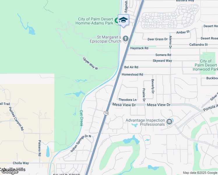 map of restaurants, bars, coffee shops, grocery stores, and more near 72499 Desert Flower Drive in Palm Desert
