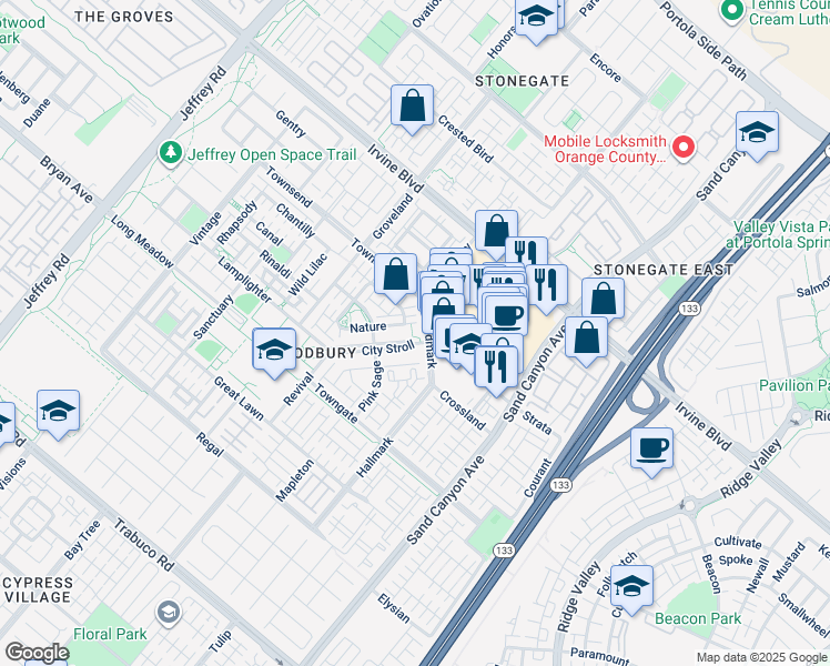 map of restaurants, bars, coffee shops, grocery stores, and more near 83 City Stroll in Irvine