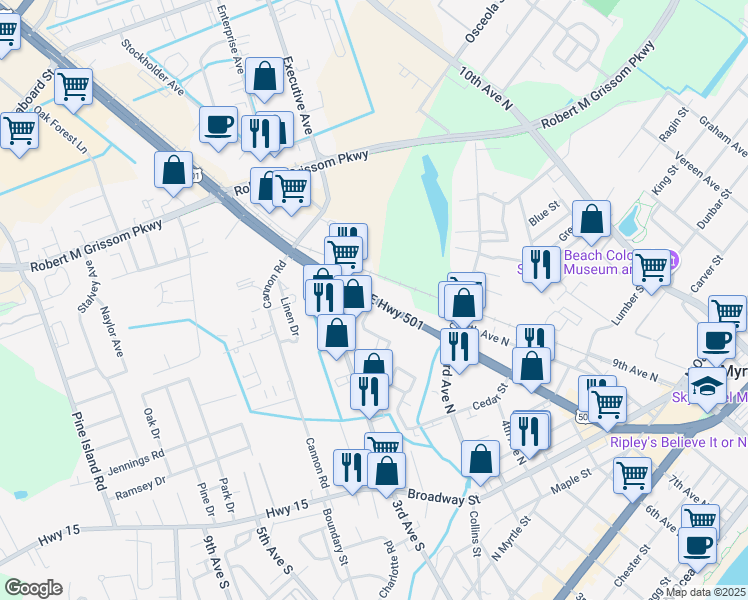 map of restaurants, bars, coffee shops, grocery stores, and more near 5000 Claire Chapin Epps Drive in Myrtle Beach