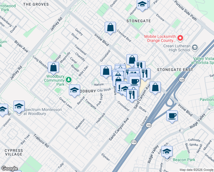 map of restaurants, bars, coffee shops, grocery stores, and more near 59 City Stroll in Irvine
