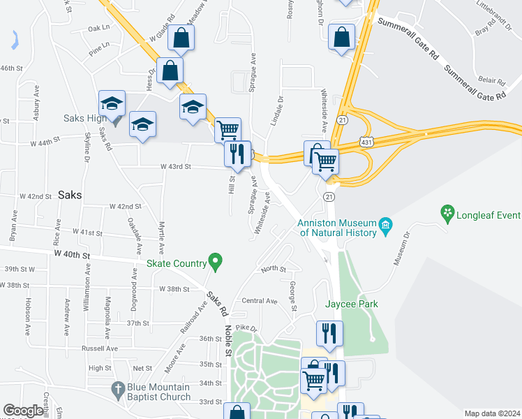 map of restaurants, bars, coffee shops, grocery stores, and more near 4114 Whiteside Drive in Anniston