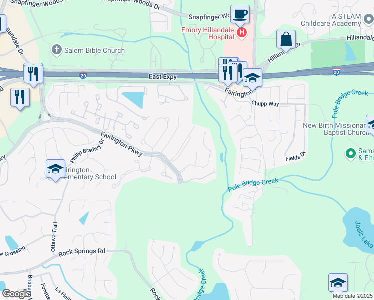 map of restaurants, bars, coffee shops, grocery stores, and more near 12201 Fairington Ridge Circle in Stonecrest