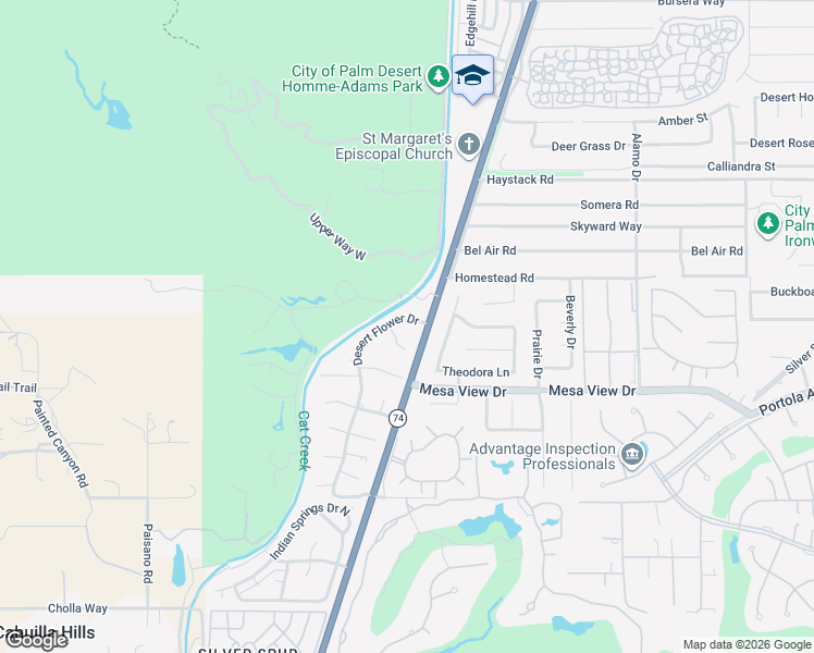 map of restaurants, bars, coffee shops, grocery stores, and more near 72499 Desert Flower Drive in Palm Desert