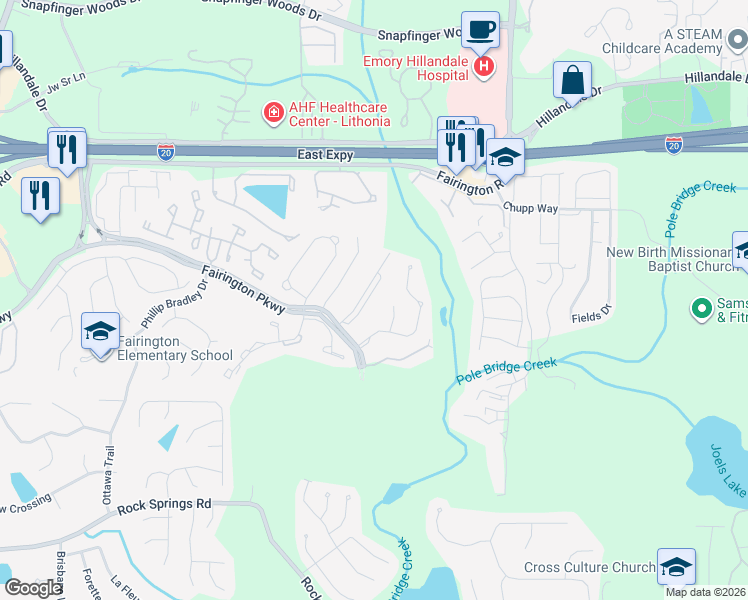 map of restaurants, bars, coffee shops, grocery stores, and more near 10302 Fairington Ridge Circle in Stonecrest