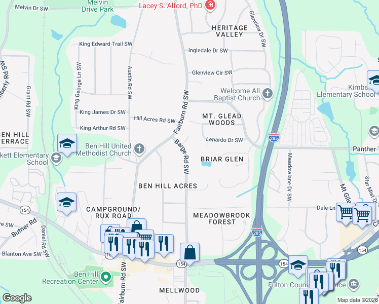 map of restaurants, bars, coffee shops, grocery stores, and more near 2116 Barge Road Southwest in Atlanta