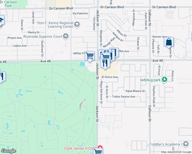 map of restaurants, bars, coffee shops, grocery stores, and more near 48324 Stewart Drive in Indio