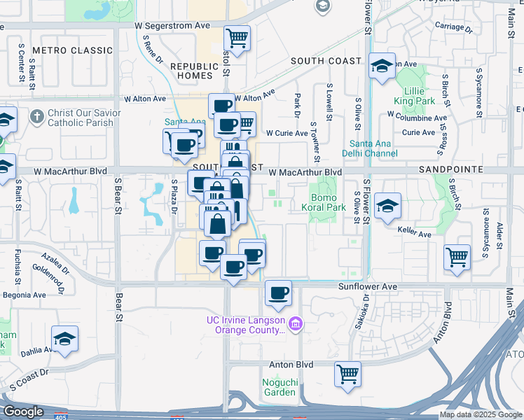 map of restaurants, bars, coffee shops, grocery stores, and more near 1030 West MacArthur Boulevard in Santa Ana