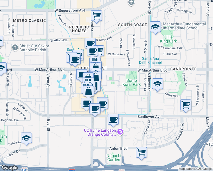 map of restaurants, bars, coffee shops, grocery stores, and more near 1030 West MacArthur Boulevard in Santa Ana